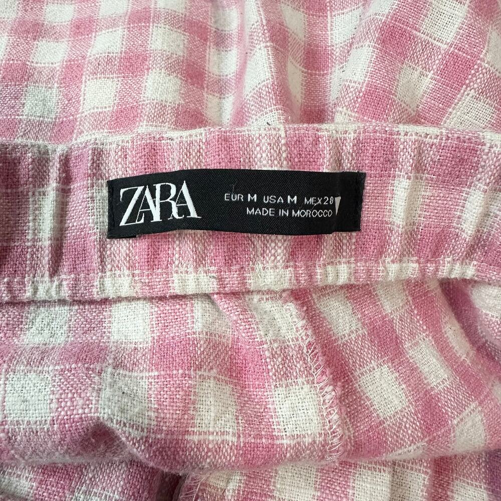 ZARA Full Length Gingham Plaid Wide Leg Pants High Rise Trouser Pink/ White - Picture 10 of 12